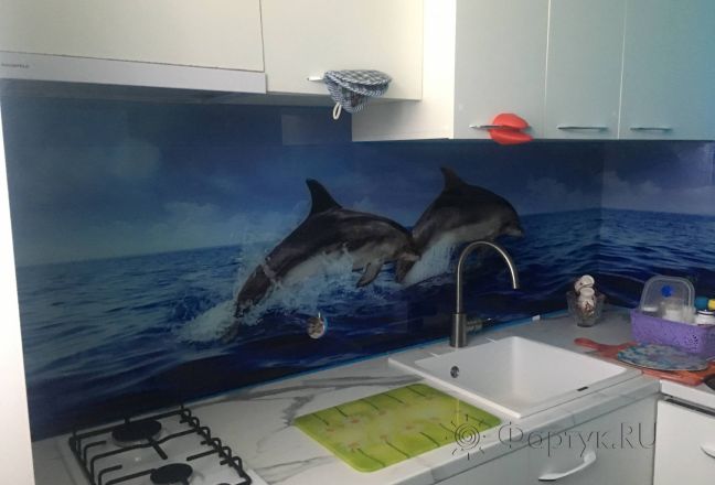 Фартук для кухни фото: дельфины, заказ #КРУТ-2122, Белая кухня. Изображение 204882