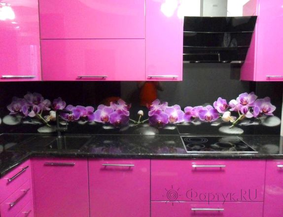 Фартук фото: орхидеи на черном фоне , заказ #S-794, Фиолетовая кухня.