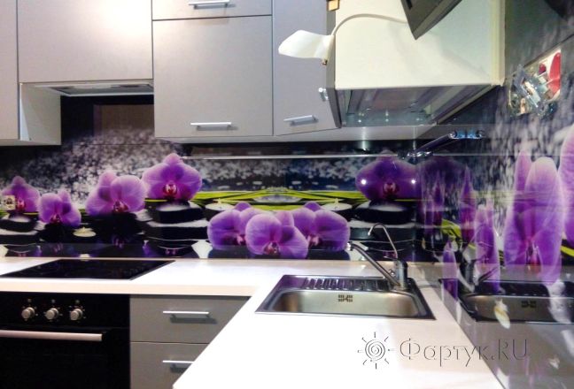 Стеновая панель фото: орхидеи на камнях, заказ #УТ-871, Серая кухня. Изображение 80470