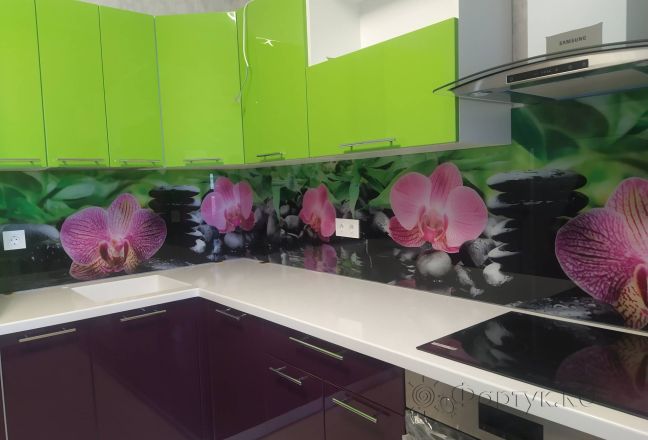 Фартук фото: орхидеи на камнях, заказ #ИНУТ-10014, Фиолетовая кухня.