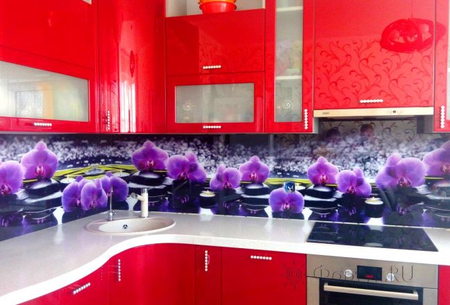 Скинали фото: орхидеи на камнях, заказ #УТ-696, Красная кухня.