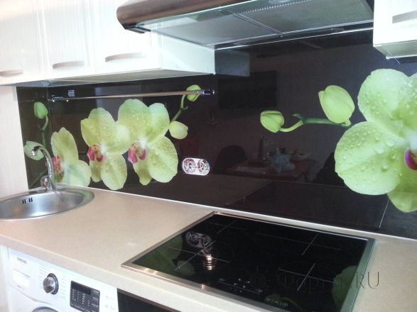 Фартук для кухни фото: орхидеи на темном фоне., заказ #SK-0905-2, Белая кухня.