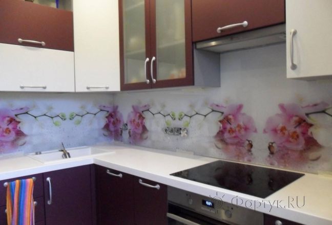 Фартук фото: орхидеи в брызгах воды., заказ #S-588, Фиолетовая кухня. Изображение 111312