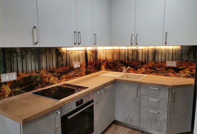 Стеновая панель фото: осенний лес, заказ #ИНУТ-10124, Серая кухня.