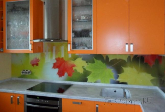 Фартук стекло фото: осенний листопад, заказ #S-1314, Оранжевая кухня. Изображение 110672