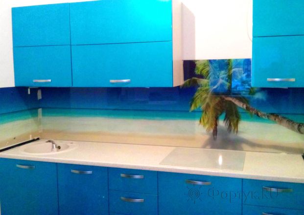 Стеклянная фото панель: пальма и пляж., заказ #S-1019, Синяя кухня.