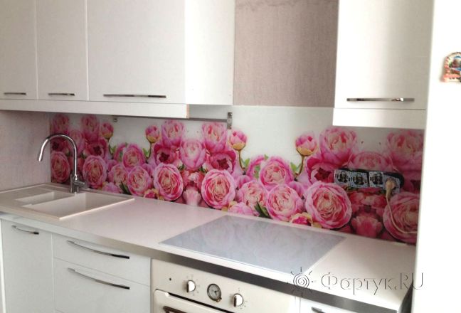 Фартук для кухни фото: розовые пионы., заказ #S-962, Белая кухня. Изображение 111948