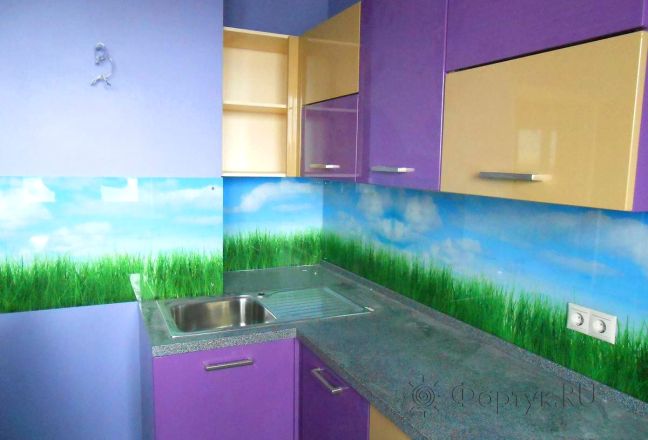 Фартук фото: сочная трава на голубом фоне, заказ #S-14, Фиолетовая кухня.