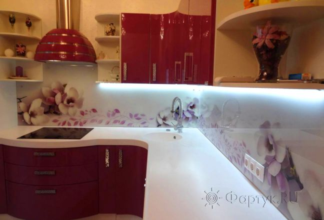 Фартук фото: цветки магнолии., заказ #S-1366, Фиолетовая кухня. Изображение 112712