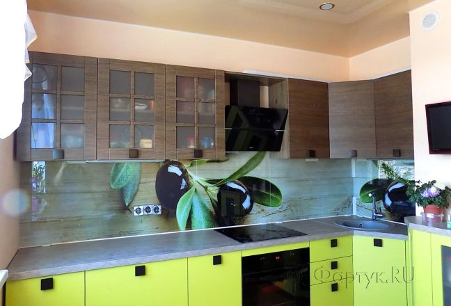Фартук с фотопечатью фото: ветки маслин на древесной фоне, заказ #УТ-601, Коричневая кухня. Изображение 111836