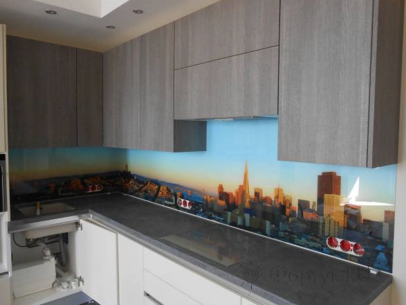 Стеновая панель фото: вид на городской пейзаж., заказ #S-386, Серая кухня.