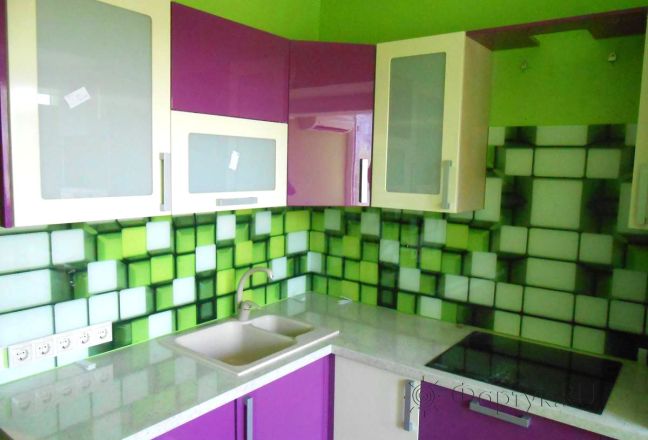 Фартук фото: зеленые 3-д кубы, заказ #S-282, Фиолетовая кухня. Изображение 110422