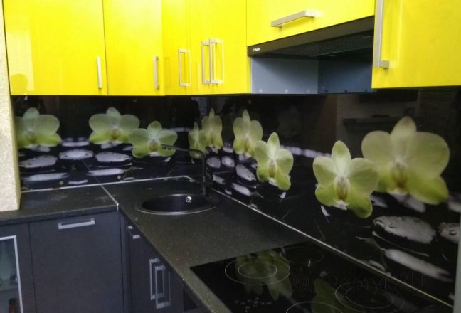 Скинали для кухни фото: желтые орхидеи, заказ #ИНУТ-3896, Желтая кухня. Изображение 111318
