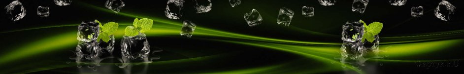 Скинали — Кубики льда с ароматной мятой на черном фоне с зелеными волнами 