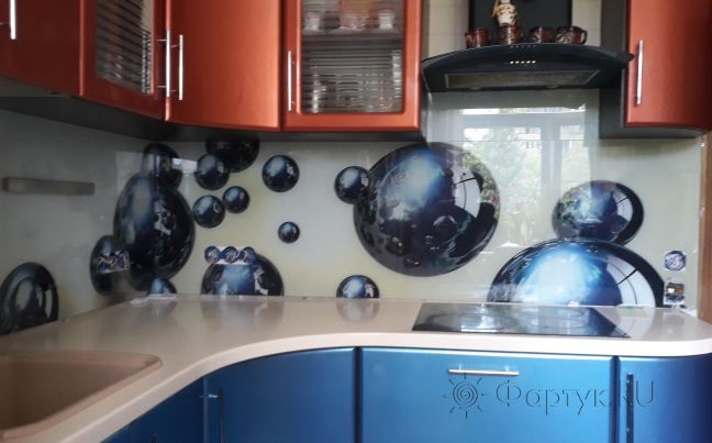 Стеклянная фото панель: 3d шары , заказ #ИНУТ-1405, Синяя кухня.