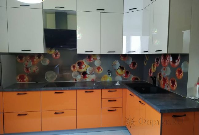 Фартук стекло фото: 3d шары , заказ #ИНУТ-6944, Оранжевая кухня.