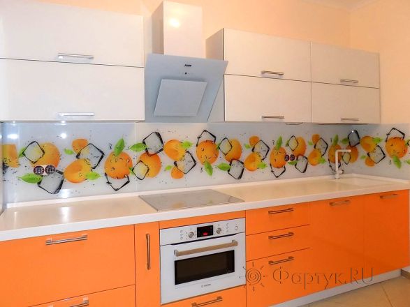 Фартук стекло фото: абрикосы в воде со льдом, заказ #УТ-452, Оранжевая кухня.
