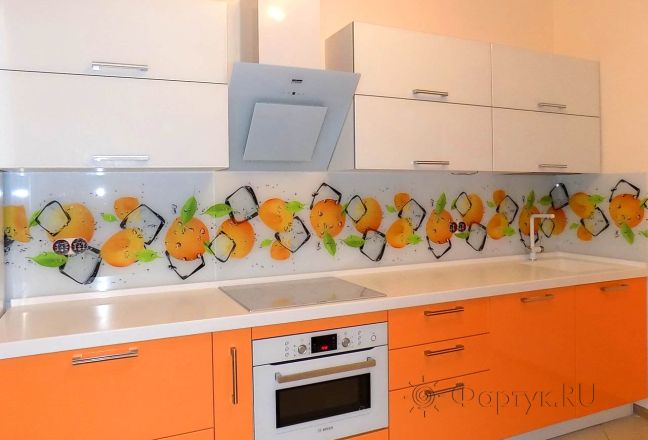 Фартук стекло фото: абрикосы в воде со льдом, заказ #УТ-452, Оранжевая кухня.