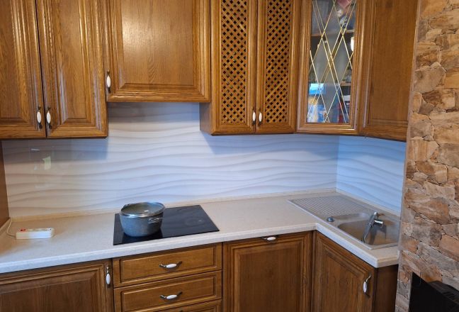 Фартук с фотопечатью фото: абстрактная векторная волна белой линии, заказ #ИНУТ-17190, Коричневая кухня. Изображение 334804