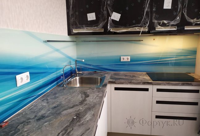 Фартук для кухни фото: абстрактная волна, заказ #ИНУТ-6882, Белая кухня. Изображение 180828