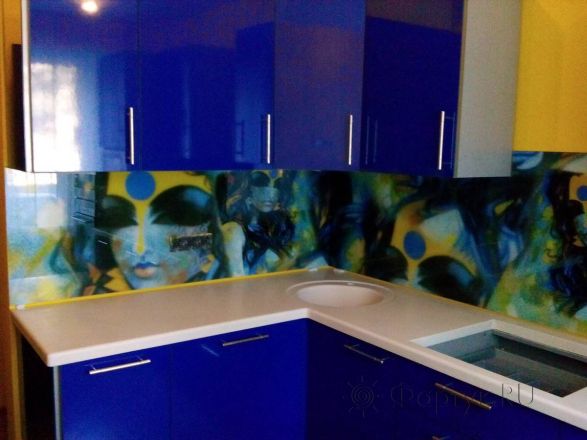 Стеклянная фото панель: абстрактный рисунок женщины., заказ #S-532, Синяя кухня.