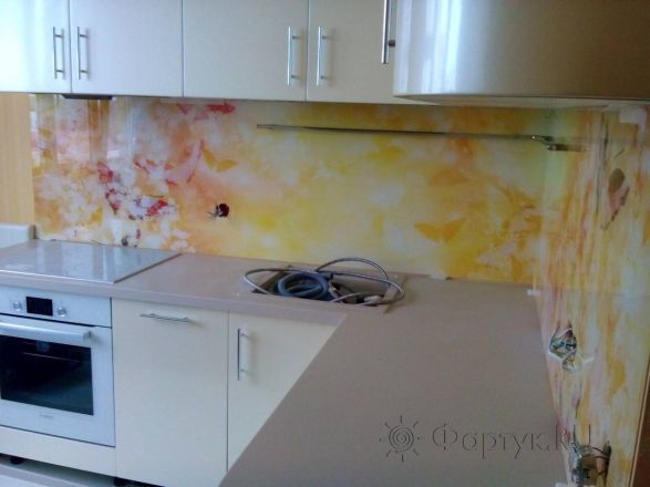Фартук для кухни фото: абстракция с бабочками в персиковых тонах., заказ #S-606, Белая кухня.