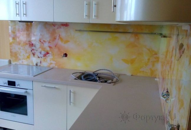 Фартук для кухни фото: абстракция с бабочками в персиковых тонах., заказ #S-606, Белая кухня. Изображение 110424
