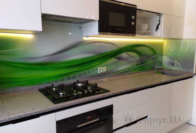 Фартук для кухни фото: абстракция: серые, зеленые волны, заказ #ИНУТ-8394, Белая кухня.