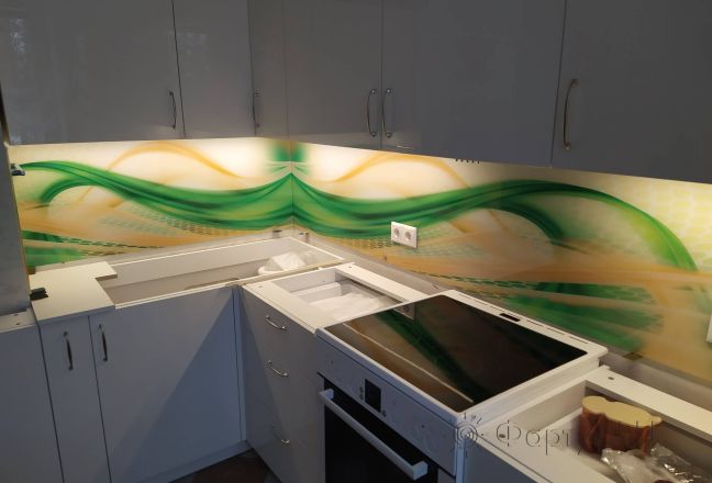 Фартук для кухни фото: абстракция: серые, зеленые волны, заказ #ИНУТ-14695, Белая кухня. Изображение 299408