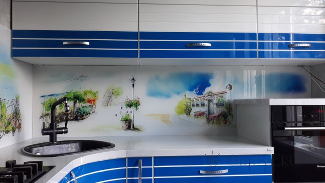 Стеклянная фото панель: акварель, заказ #ИНУТ-1832, Синяя кухня.