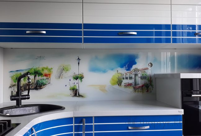 Стеклянная фото панель: акварель, заказ #ИНУТ-1832, Синяя кухня. Изображение 208720