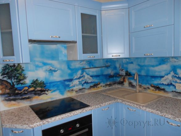 Стеклянная фото панель: акварельное море, заказ #УТ-1575, Синяя кухня.