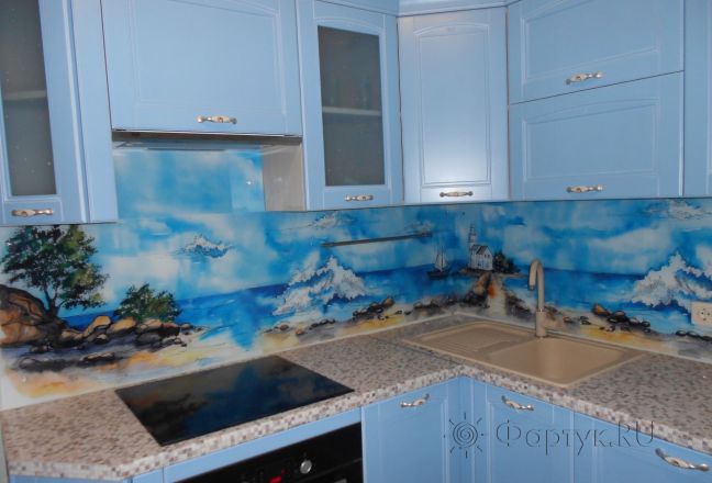 Стеклянная фото панель: акварельное море, заказ #УТ-1575, Синяя кухня. Изображение 111456
