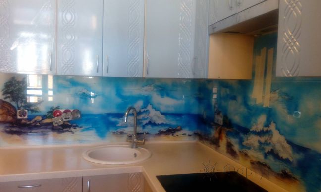 Стеклянная фото панель: акварельный пейзаж, заказ #ИНУТ-1304, Синяя кухня.