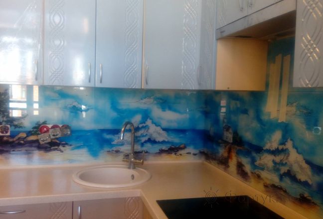 Стеклянная фото панель: акварельный пейзаж, заказ #ИНУТ-1304, Синяя кухня. Изображение 111456