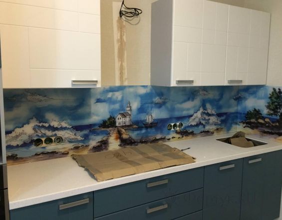 Стеклянная фото панель: акварельный пейзаж, заказ #КРУТ-1605, Синяя кухня.