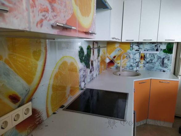 Фартук стекло фото: апельсин и лед, заказ #ИНУТ-5862, Оранжевая кухня.