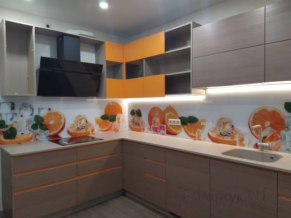 Фартук с фотопечатью фото: апельсины и кубики льда, заказ #ИНУТ-9740, Коричневая кухня.