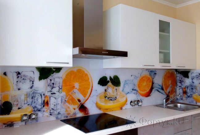 Фартук для кухни фото: апельсины и лед, заказ #УТ-1031, Белая кухня.