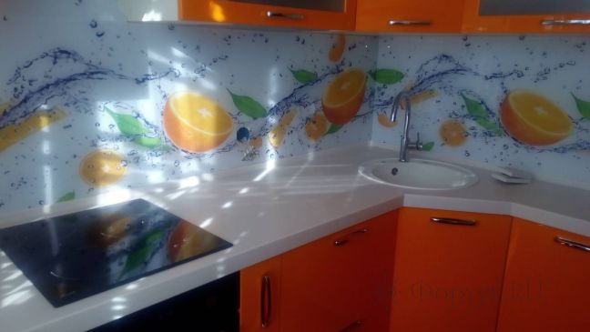Фартук стекло фото: апельсины и лед, заказ #ИНУТ-3274, Оранжевая кухня.