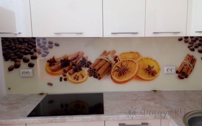 Фартук для кухни фото: апельсины, корица и кофе, заказ #ИНУТ-3521, Белая кухня.