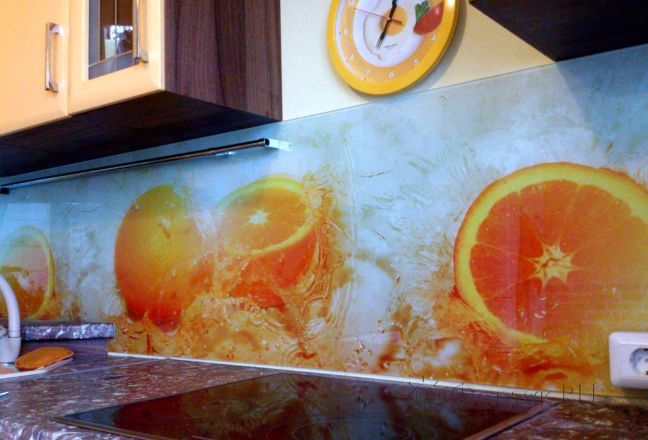Фартук стекло фото: апельсины в брызгах воды., заказ #SK-402, Оранжевая кухня. Изображение 112086