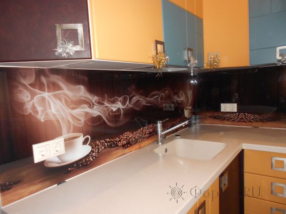 Фартук стекло фото: ароматный кофе, заказ #УТ-1673, Оранжевая кухня.