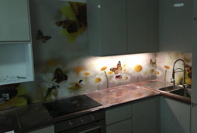 Фартук для кухни фото: бабочки на ромашках, заказ #КРУТ-1662, Белая кухня.