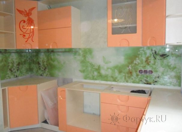 Фартук стекло фото: бабочки на зеленом фоне., заказ #SN-251, Оранжевая кухня.