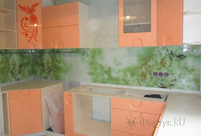 Фартук стекло фото: бабочки на зеленом фоне., заказ #SN-251, Оранжевая кухня. Изображение 110424