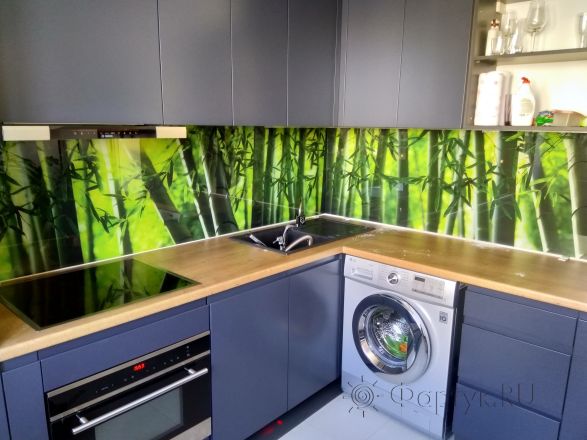 Стеклянная фото панель: бамбук, заказ #ИНУТ-2015, Синяя кухня.