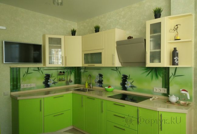 Скинали для кухни фото: белая орхидея и камни с отражением, заказ #ИНУТ-163, Зеленая кухня. Изображение 201060