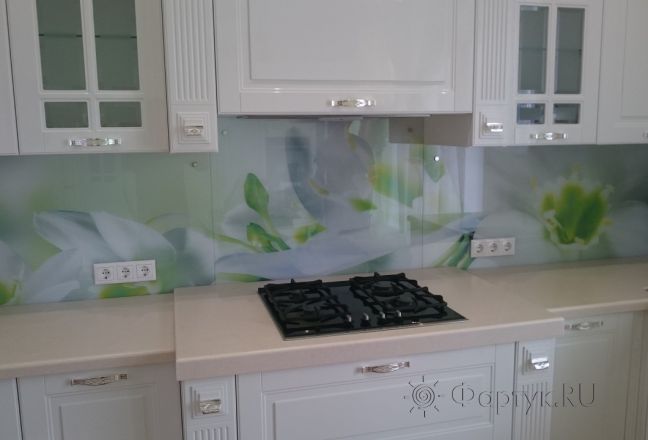 Фартук для кухни фото: бело-зеленые орхидеи, заказ #УТ-2222, Белая кухня. Изображение 111360