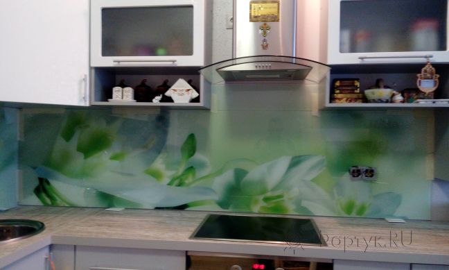 Фартук для кухни фото: бело-зеленые орхидеи, заказ #ГМУТ-683, Белая кухня.